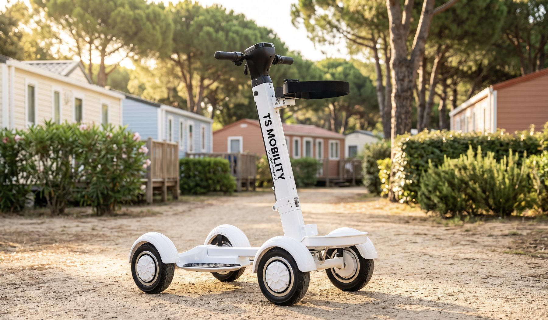 Trottinette électrique 4 roues TS Mobility blanche stationnée dans une allée de camping entre des mobil-homes